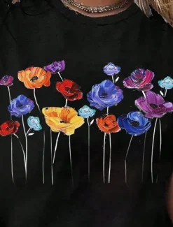 Sale Women's T Shirt Floral Casual Short Sleeve Crew Neck Regular Tops Daily Print Black White Summer Women Spring Tops