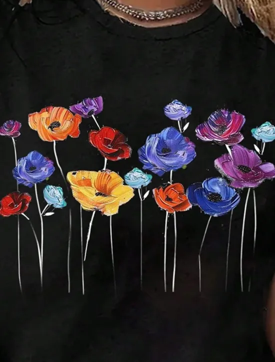 Sale Women's T Shirt Floral Casual Short Sleeve Crew Neck Regular Tops Daily Print Black White Summer Women Spring Tops