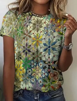 Clearance Women's T Shirt Floral Casual Short Sleeve Round Neck Regular Tops Daily Print Summer Women Spring Tops