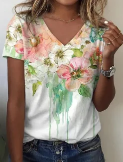 Discount Women's T Shirt Floral Casual Short Sleeve Round Neck Regular Tops Daily Print Summer Women Spring Tops