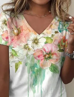 Discount Women's T Shirt Floral Casual Short Sleeve Round Neck Regular Tops Daily Print Summer Women Spring Tops