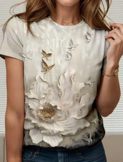 Best Women's T Shirt Floral Color Block 3D Stylish Casual Short Sleeve Round Neck Regular Tops Daily Weekend Print Summer Spring Women T-Shirts