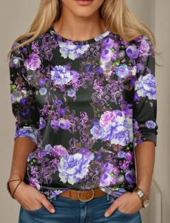 Online Women's T Shirt Floral Elegant Ladies Vacation Party Work Print Spring Fall Winter Women Spring Tops