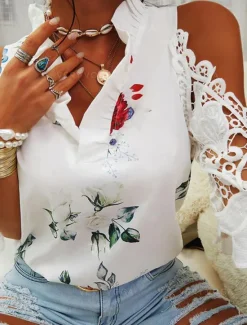 New Women's T Shirt Floral Elegant Vintage Fashion Long Sleeve V Neck Regular Tops Daily Going out Weekend Patchwork Eyelet Print White Pink Blue Green Summer Spring Women Spring Tops