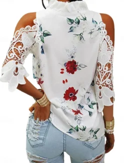 New Women's T Shirt Floral Elegant Vintage Fashion Long Sleeve V Neck Regular Tops Daily Going out Weekend Patchwork Eyelet Print White Pink Blue Green Summer Spring Women Spring Tops