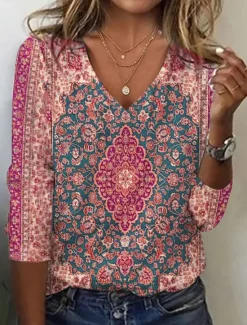Sale Women's T Shirt Floral Fashion Long Sleeve V Neck Regular Tops Daily Weekend Lace Pink Royal Blue Blue Purple Spring & Fall Women Boho Tops