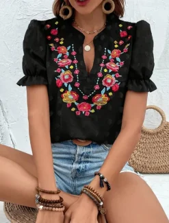 Women's T Shirt Floral Fashion Modern Casual Short Sleeve Notched Neck Regular Tops Daily Weekend Ruffle Patchwork Embroidered Summer Women Spring Tops|Boho Tops