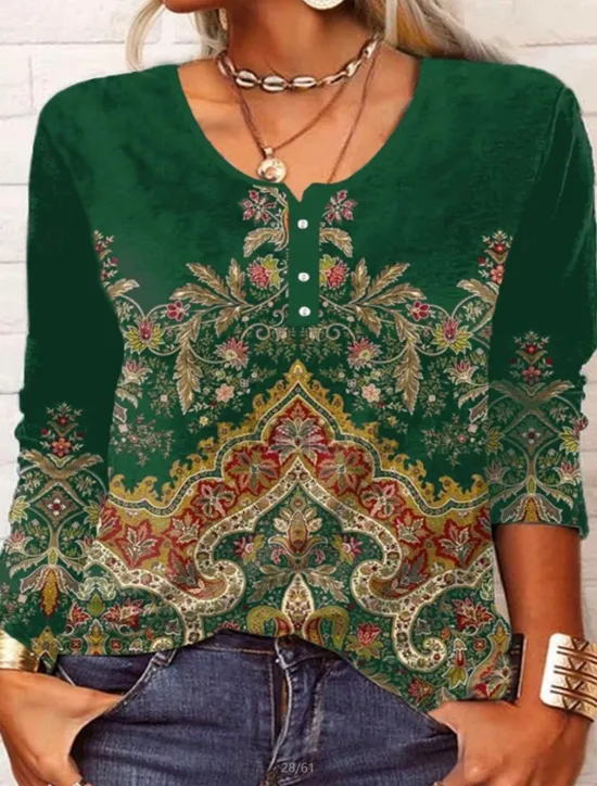 New Women's T Shirt Floral Fashion Long Sleeve Round Neck Regular Tops Daily Weekend Buttons Print Black Wine Blue Green Spring & Fall Women Boho Tops|T-Shirts
