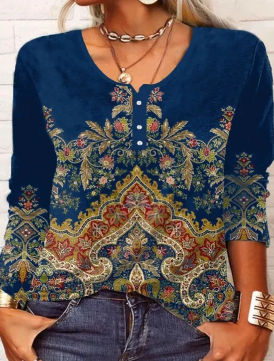 New Women's T Shirt Floral Fashion Long Sleeve Round Neck Regular Tops Daily Weekend Buttons Print Black Wine Blue Green Spring & Fall Women Boho Tops|T-Shirts