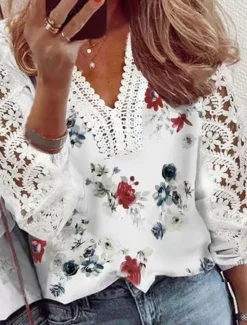 Online Women's T Shirt Floral Fashion Modern Casual Long Sleeve V Neck Regular Tops Daily Weekend Lace Patchwork Print Summer Spring Fall Women Spring Tops
