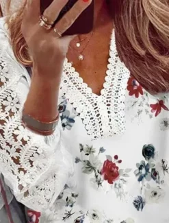Online Women's T Shirt Floral Fashion Modern Casual Long Sleeve V Neck Regular Tops Daily Weekend Lace Patchwork Print Summer Spring Fall Women Spring Tops