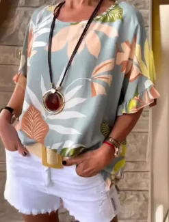 New Women's T Shirt Floral Fashion Short Sleeve Round Neck Regular Tops Vacation Weekend Ruffle Print Green Beige Gray Light Blue Summer Women T-Shirts