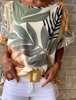 New Women's T Shirt Floral Fashion Short Sleeve Round Neck Regular Tops Vacation Weekend Ruffle Print Green Beige Gray Light Blue Summer Women T-Shirts