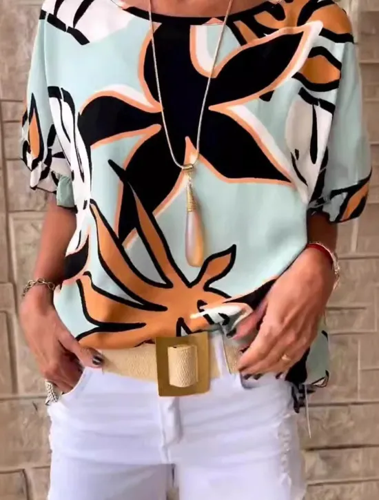 New Women's T Shirt Floral Fashion Short Sleeve Round Neck Regular Tops Vacation Weekend Ruffle Print Green Beige Gray Light Blue Summer Women T-Shirts