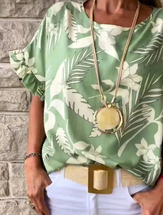 New Women's T Shirt Floral Fashion Short Sleeve Round Neck Regular Tops Vacation Weekend Ruffle Print Green Beige Gray Light Blue Summer Women T-Shirts