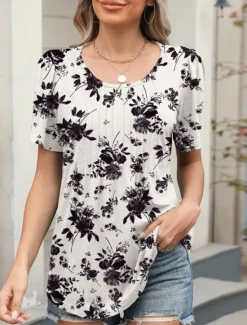 Women's T Shirt Floral Fashion Modern Casual Short Sleeve Crew Neck Regular Tops Daily Weekend White Yellow Green Summer Women Boho Tops