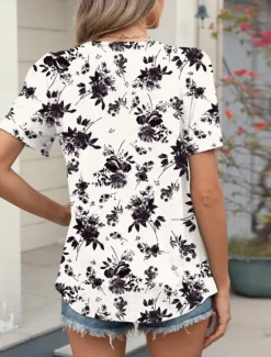 Women's T Shirt Floral Fashion Modern Casual Short Sleeve Crew Neck Regular Tops Daily Weekend White Yellow Green Summer Women Boho Tops