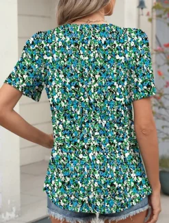 Women's T Shirt Floral Fashion Modern Casual Short Sleeve Crew Neck Regular Tops Daily Weekend White Yellow Green Summer Women Boho Tops