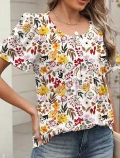 Women's T Shirt Floral Fashion Modern Casual Short Sleeve Crew Neck Regular Tops Daily Weekend White Yellow Green Summer Women Boho Tops