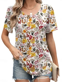 Women's T Shirt Floral Fashion Modern Casual Short Sleeve Crew Neck Regular Tops Daily Weekend White Yellow Green Summer Women Boho Tops