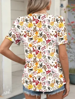 Women's T Shirt Floral Fashion Modern Casual Short Sleeve Crew Neck Regular Tops Daily Weekend White Yellow Green Summer Women Boho Tops