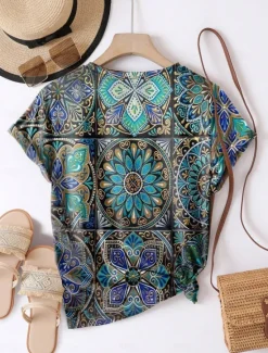 Best Women's T Shirt Floral Geometric Casual Short Sleeve Round Neck Regular Tops Daily Print Summer Women Spring Tops