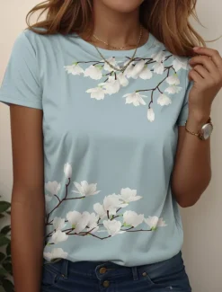Outlet Women's T Shirt Floral Graphic Vintage Stylish Casual Short Sleeve Round Neck Regular Tops Daily Weekend Print Yellow Red Blue Light Blue Summer Spring Women Boho Tops