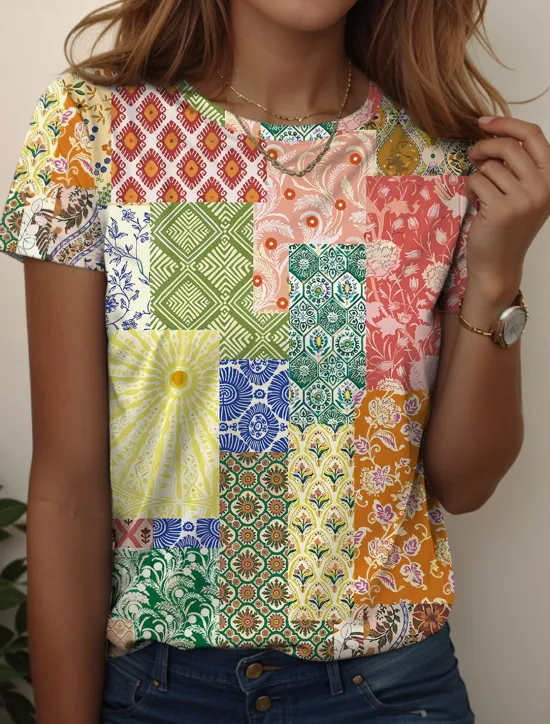 Outlet Women's T Shirt Floral Graphic Vintage Stylish Casual Short Sleeve Round Neck Regular Tops Daily Weekend Print Yellow Red Blue Light Blue Summer Spring Women Boho Tops