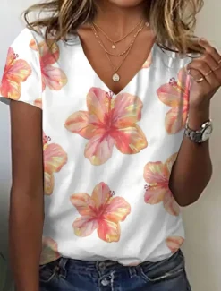 Best Women's T Shirt Floral Graphic Vintage Stylish Classic Short Sleeve V Neck Regular Tops Daily Print Summer Spring Women T-Shirts
