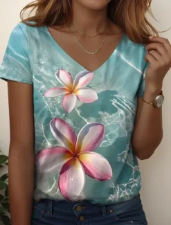 Discount Women's T Shirt Floral Graphic Plants Vintage Stylish Classic Short Sleeve V Neck Regular Tops Daily Print White Purple Green Summer Women T-Shirts