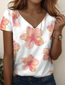 Discount Women's T Shirt Floral Graphic Plants Vintage Stylish Classic Short Sleeve V Neck Regular Tops Daily Print White Purple Green Summer Women T-Shirts