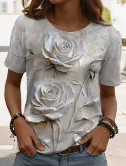 Sale Women's T Shirt Floral Graphic 3D Vintage Stylish Casual Short Sleeve Crew Neck Regular Tops Daily Going out Weekend Print Green Gray Light Blue Summer Spring Women T-Shirts