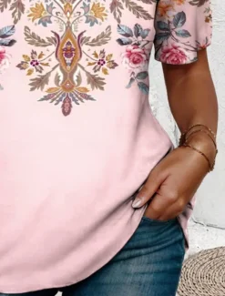 Sale Women's T Shirt Floral Graphic Geometric Bohemia Vintage Stylish Short Sleeve V Neck Regular Tops Daily Going out Beach Wear Print Summer Women Boho Tops