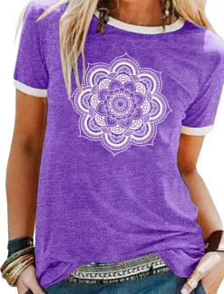 Sale Women's T Shirt Floral Graphic Mandala Basic Short Sleeve Round Neck Regular Tops Daily Weekend Patchwork Print Black Yellow Blue Purple Green Spring, Fall, Winter, Summer Women Boho Tops