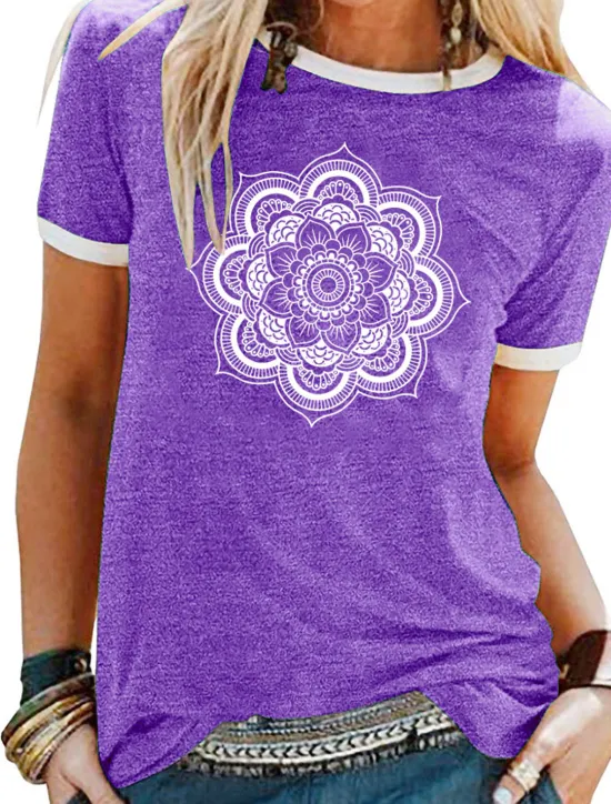 Sale Women's T Shirt Floral Graphic Mandala Basic Short Sleeve Round Neck Regular Tops Daily Weekend Patchwork Print Black Yellow Blue Purple Green Spring, Fall, Winter, Summer Women Boho Tops