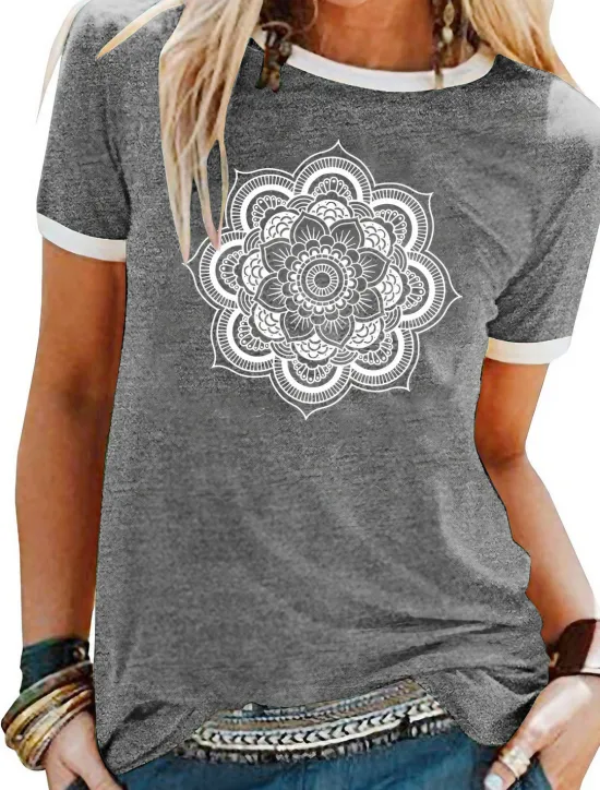 Sale Women's T Shirt Floral Graphic Mandala Basic Short Sleeve Round Neck Regular Tops Daily Weekend Patchwork Print Black Yellow Blue Purple Green Spring, Fall, Winter, Summer Women Boho Tops