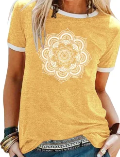 Sale Women's T Shirt Floral Graphic Mandala Basic Short Sleeve Round Neck Regular Tops Daily Weekend Patchwork Print Black Yellow Blue Purple Green Spring, Fall, Winter, Summer Women Boho Tops