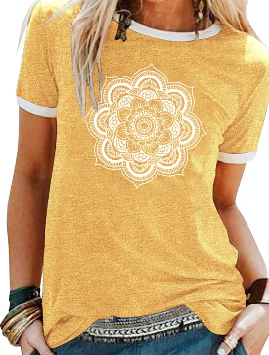 Sale Women's T Shirt Floral Graphic Mandala Basic Short Sleeve Round Neck Regular Tops Daily Weekend Patchwork Print Black Yellow Blue Purple Green Spring, Fall, Winter, Summer Women Boho Tops