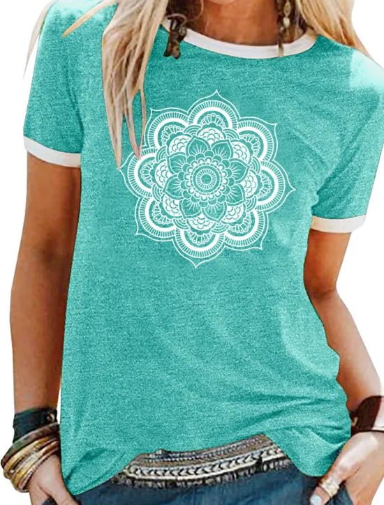 Sale Women's T Shirt Floral Graphic Mandala Basic Short Sleeve Round Neck Regular Tops Daily Weekend Patchwork Print Black Yellow Blue Purple Green Spring, Fall, Winter, Summer Women Boho Tops