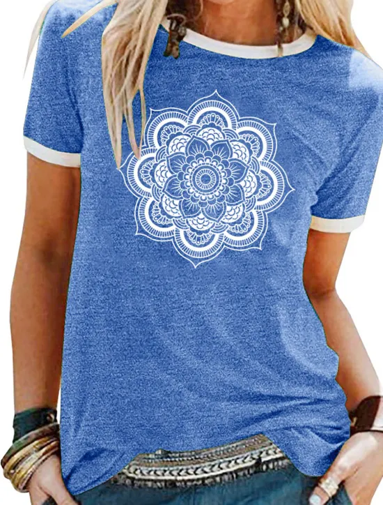 Sale Women's T Shirt Floral Graphic Mandala Basic Short Sleeve Round Neck Regular Tops Daily Weekend Patchwork Print Black Yellow Blue Purple Green Spring, Fall, Winter, Summer Women Boho Tops