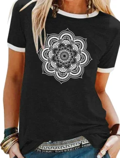 Sale Women's T Shirt Floral Graphic Mandala Basic Short Sleeve Round Neck Regular Tops Daily Weekend Patchwork Print Black Yellow Blue Purple Green Spring, Fall, Winter, Summer Women Boho Tops