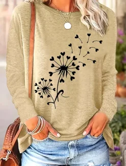 Hot Women's T Shirt Floral Graphic Plants Vintage Stylish Classic Long Sleeve Crew Neck Round Neck Regular Tops Daily Print Black Dusty Rose Dusty Blue Khaki Summer Spring Fall Women T-Shirts