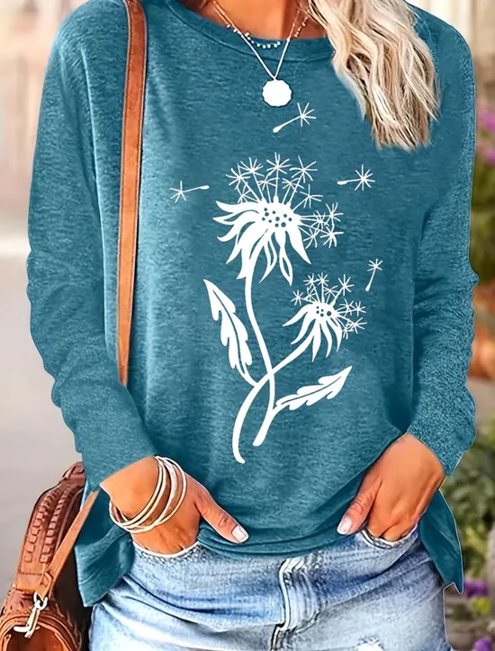 Hot Women's T Shirt Floral Graphic Plants Vintage Stylish Classic Long Sleeve Crew Neck Round Neck Regular Tops Daily Print Black Dusty Rose Dusty Blue Khaki Summer Spring Fall Women T-Shirts