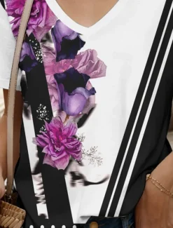 Online Women's T Shirt Floral Graphic Geometric Vintage Fashion Hawaiian Short Sleeve V Neck Regular Tops Daily Going out Weekend Print Black and White Yellow Red Blue Purple Summer Spring Women T-Shirts
