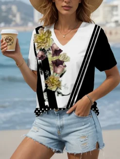 Online Women's T Shirt Floral Graphic Geometric Vintage Fashion Hawaiian Short Sleeve V Neck Regular Tops Daily Going out Weekend Print Black and White Yellow Red Blue Purple Summer Spring Women T-Shirts
