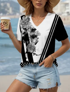 Online Women's T Shirt Floral Graphic Geometric Vintage Fashion Hawaiian Short Sleeve V Neck Regular Tops Daily Going out Weekend Print Black and White Yellow Red Blue Purple Summer Spring Women T-Shirts