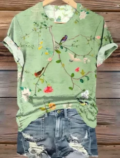 New Women's T Shirt Floral Graphic Vintage Fashion Stylish Short Sleeve Round Neck Regular Tops Daily Going out Weekend Print Summer Women T-Shirts