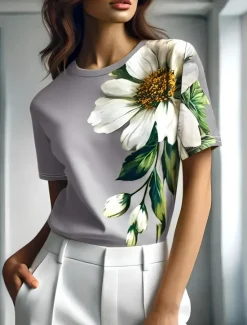 Outlet Women's T Shirt Floral Graphic Plants Vintage Stylish Classic Short Sleeve Crew Neck Round Neck Regular Tops Daily Weekend Print Black Blue Purple Green Gray Summer Spring Women T-Shirts