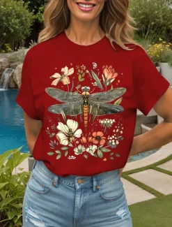 Best Women's T Shirt Floral Graphic Dragonfly Vintage Stylish Classic Short Sleeve Crew Neck Round Neck Regular Tops Daily Weekend Print Black White Yellow Pink Red Summer Spring Women T-Shirts