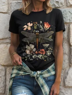 Best Women's T Shirt Floral Graphic Dragonfly Vintage Stylish Classic Short Sleeve Crew Neck Round Neck Regular Tops Daily Weekend Print Black White Yellow Pink Red Summer Spring Women T-Shirts